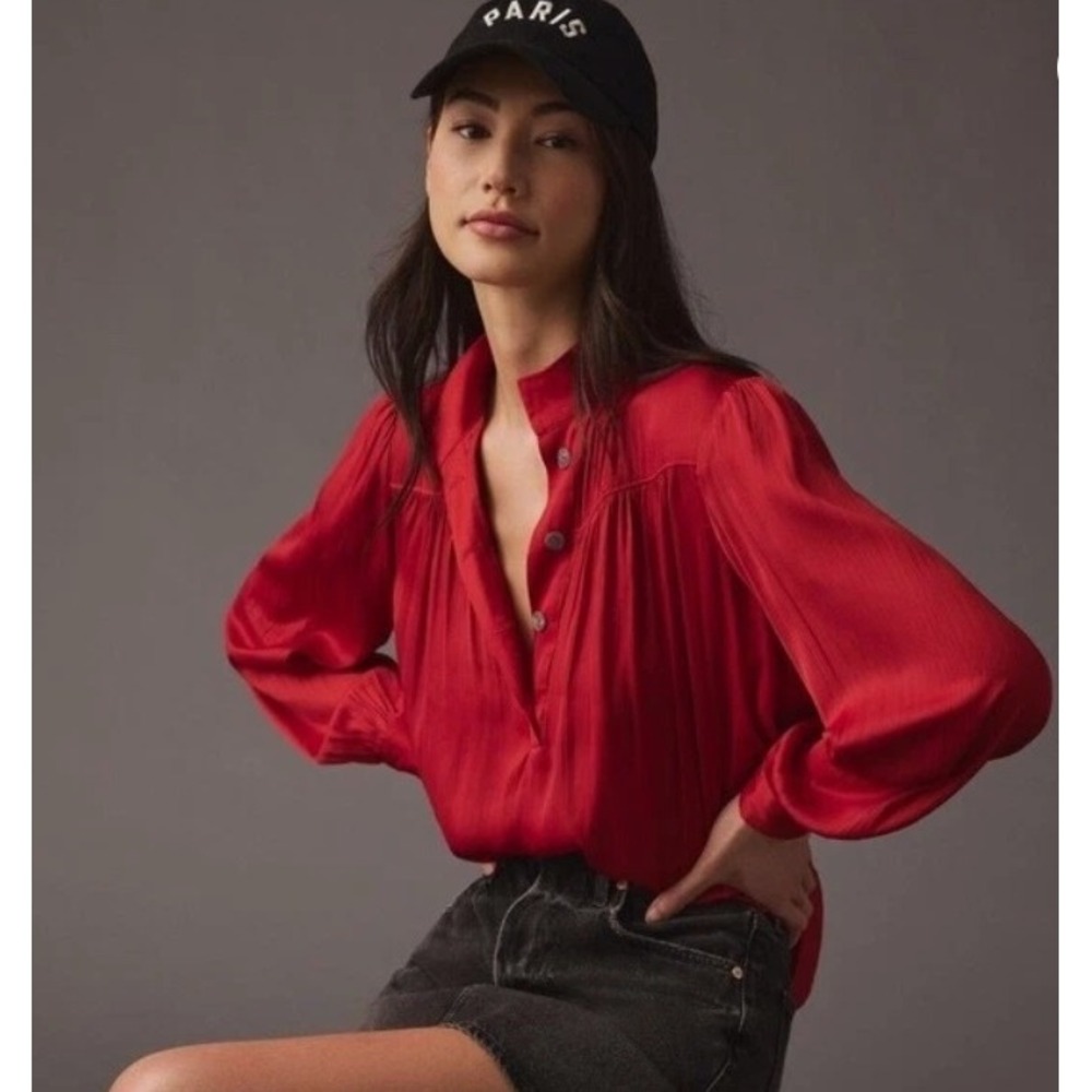 Anthropologie Blouse XL Burgundy Crinkle Pleated  Long Sleeve Boho Top NWT